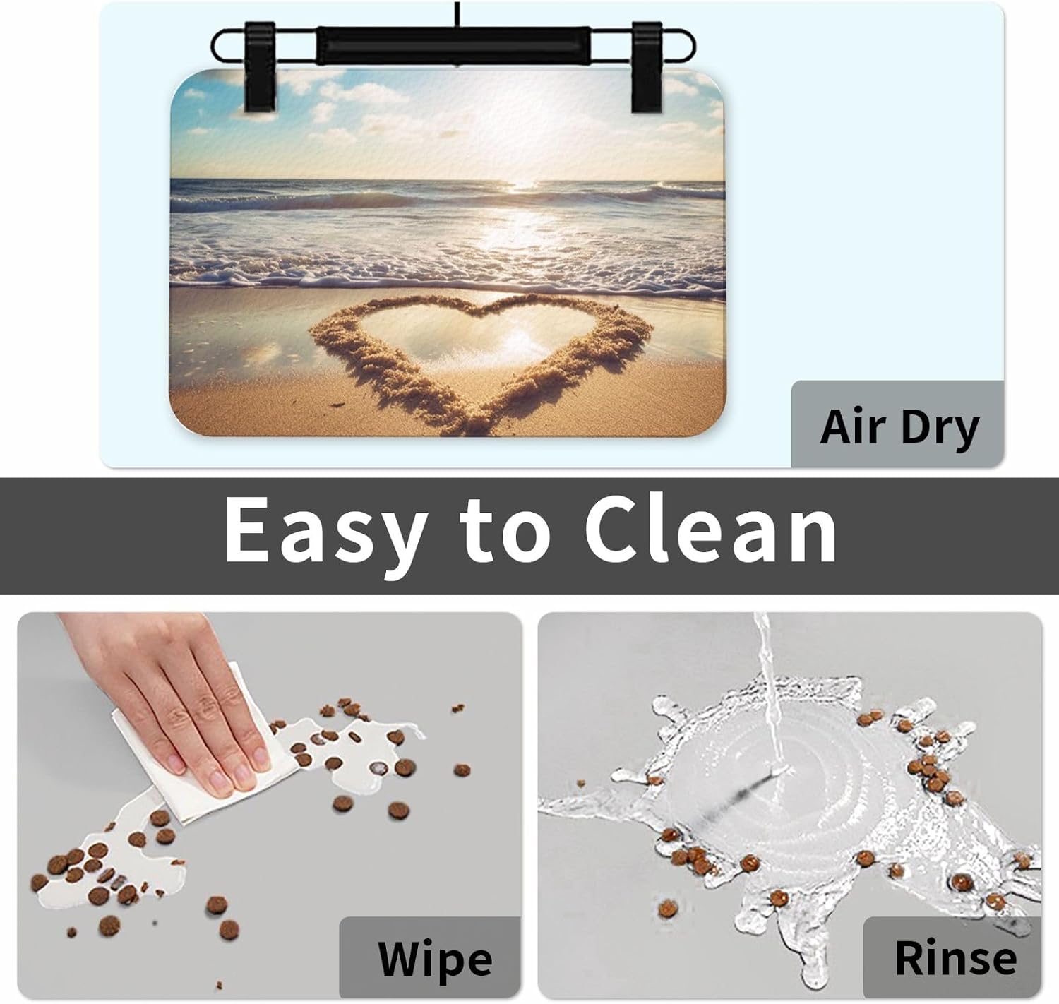 Pet Feeding Mat Absorbent Quick Dry Dog Food Mats Cute Non-Slip Rubber Pet Feeding Rug Heart Shape Romantic Beach Cat Water Bowl Mats Pet Placemat for Food Water 40x60cm