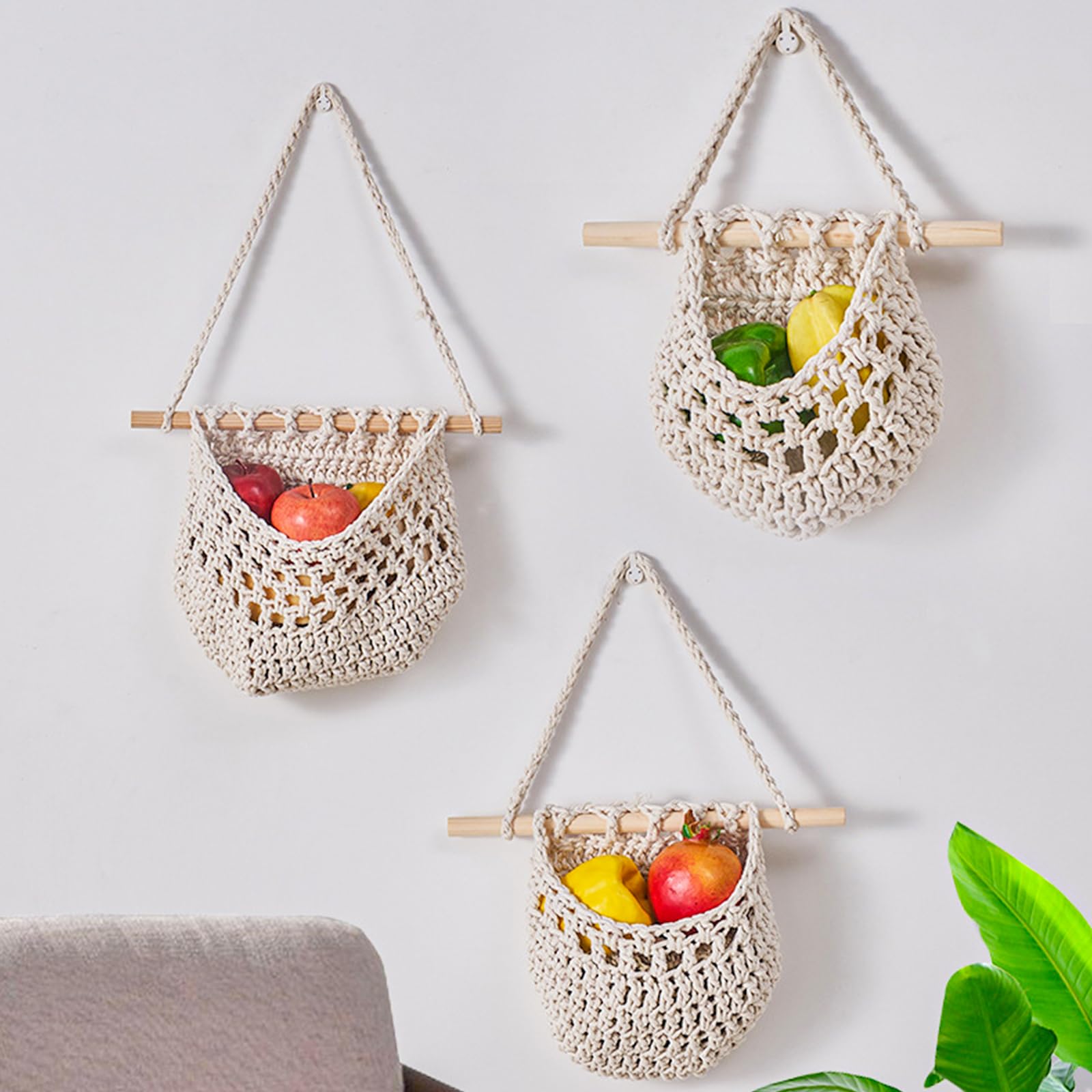 Cesto di Frutta da Appendere,Cestino da parete in corda di cotone intrecciata a mano a 3 strati,Cesto di Frutta Verdura Boho da Appendere,Appendino per Porta Cesto Decorativo per Cucina (Bianco)