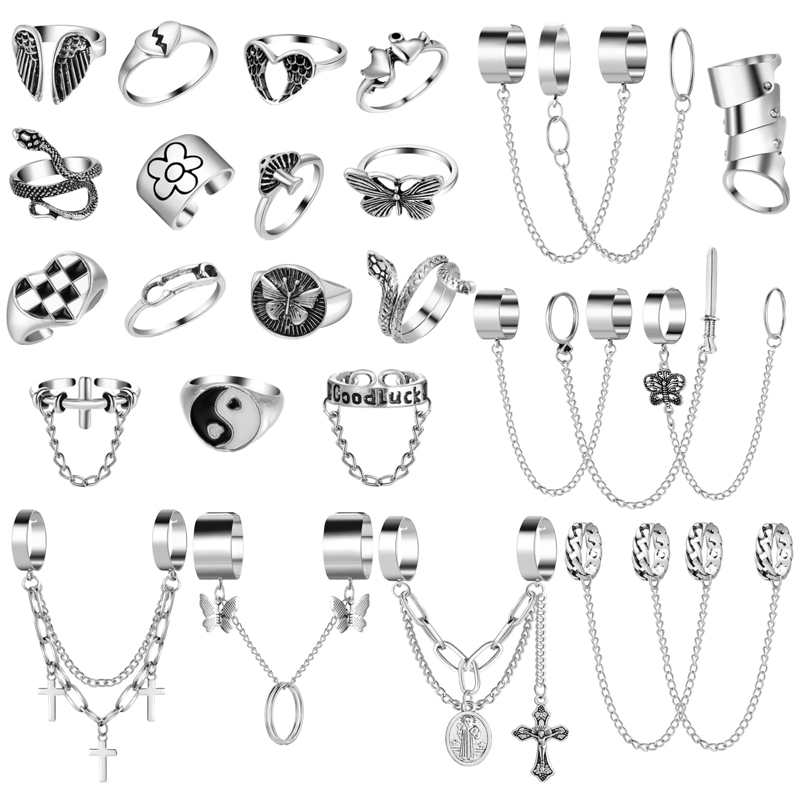 Vintage Silver Open Punk Rings for Men Women, 24PCS Adjustable, Alt, Chunky, Hippie, Gothic, Statement Stacking, Skull Snake Star Flower Heart Eboy Emo Y2K