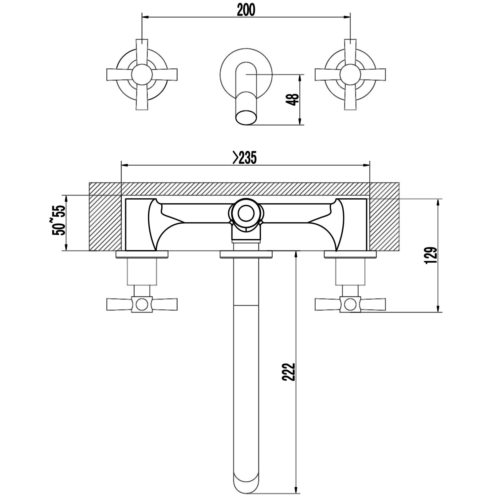 Set de Grifo de Lavabo Empotrado de 3 Orificios con Excentrador y Sifón, Latón Cromado, Grifo Monomando de Pared, Válvulas Cerámicas, Profundidad Instalación 55 mm