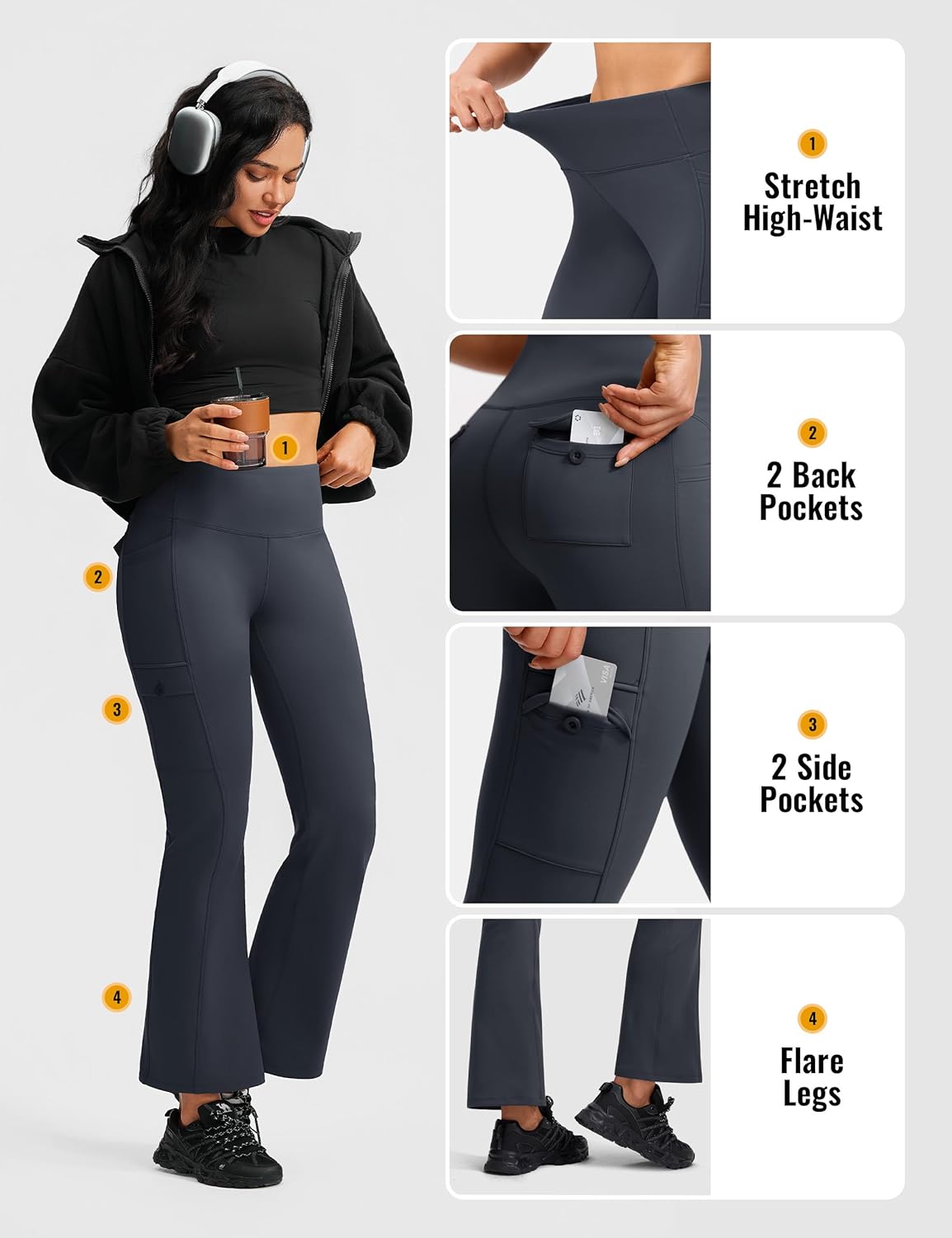 Women's Hiking Pants Fleece Lined High Waisted Thermal Flare Leggings for Women 6 Pockets Outdoor Travel Casual - Image 5