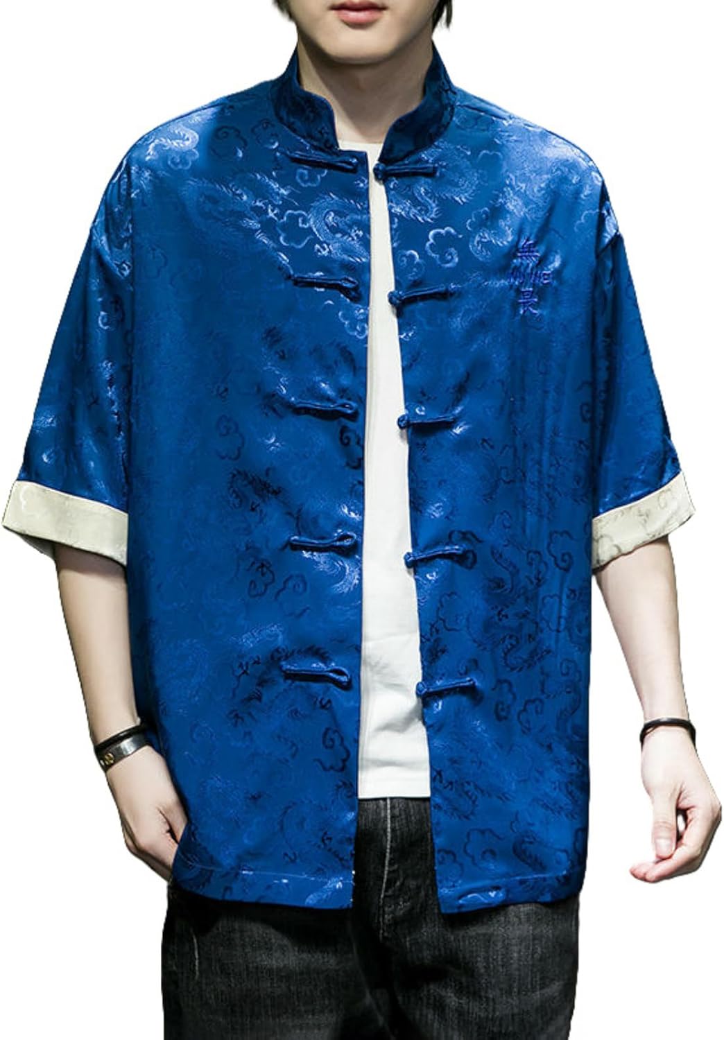 Men's Summer Chinese Style Trendy Dragon Jacquard Ice Silk Satin Short Sleeve Hanfu Tang Suit Shirt