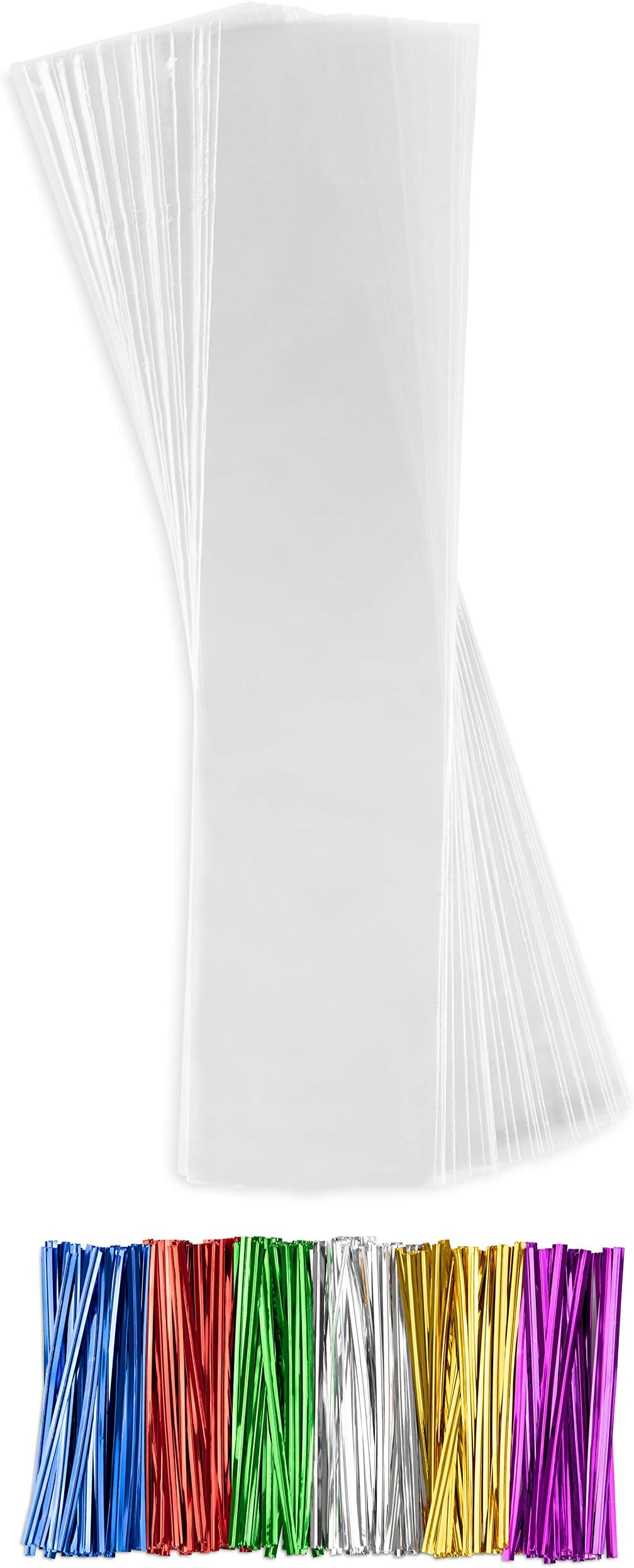 Kookiepak Clear Plastic Cellophane Bags with Assorted Color Twist Ties Cello Bags for Candy Nuts