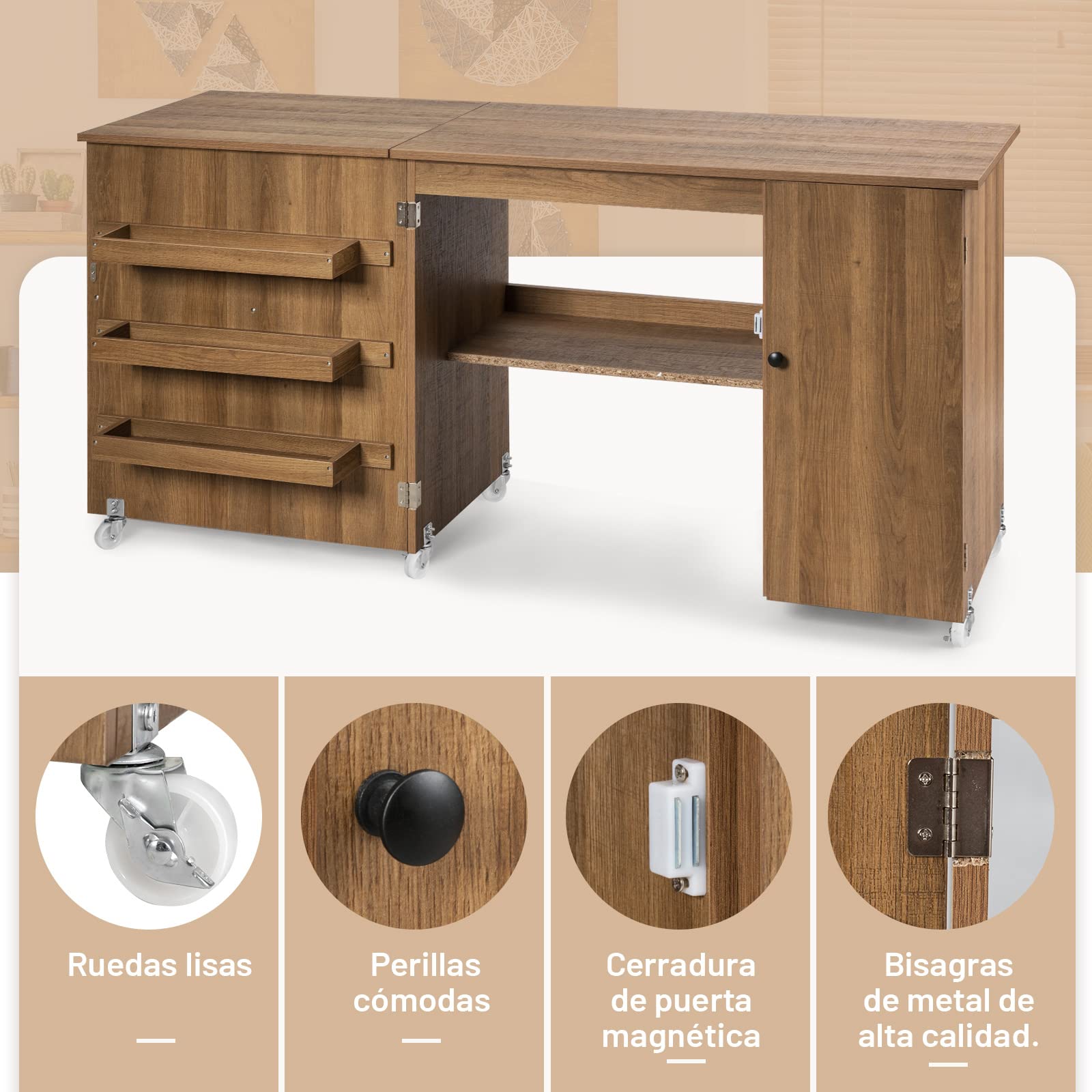 GOPLUS Mesa de Costura Plegable con 6 Ruedas Universales (2 Bloqueables), 3 Estantes y 1 Balda, 3 en 1 Armario de Costura, Mueble para Máquina de Coser para Dormitorio Salón Estudio (Natural)