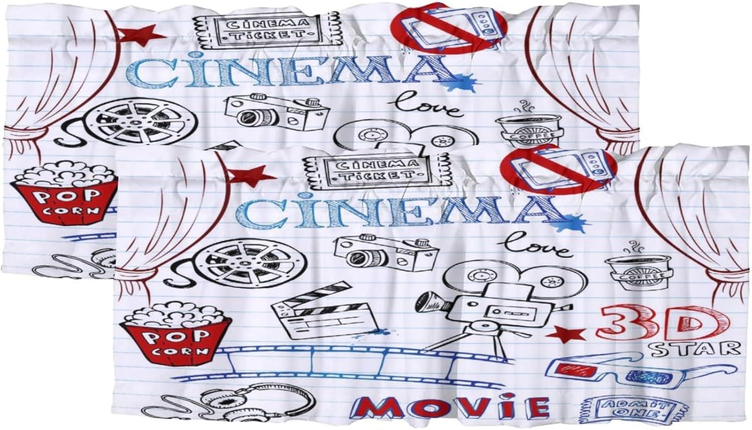 Abstract Movie Theater Themes Window Treatment Valances,Watercolor Cinema Film Production Accessories Rod Pocket Curtain Valance for Kitchen,Bathroom,Living Room,Bedroom 54x18inch（2Pcs）