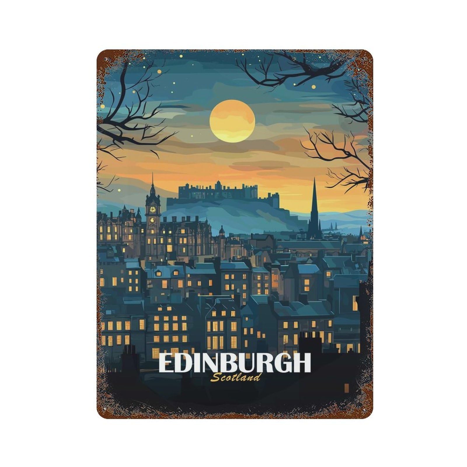 Edinburgh Scotland Nightscape Illustration Vintage Metal Tin Sign 15.7"x11.8", Farmhouse Wall Decor for Living Room, Hallway And Home Decor