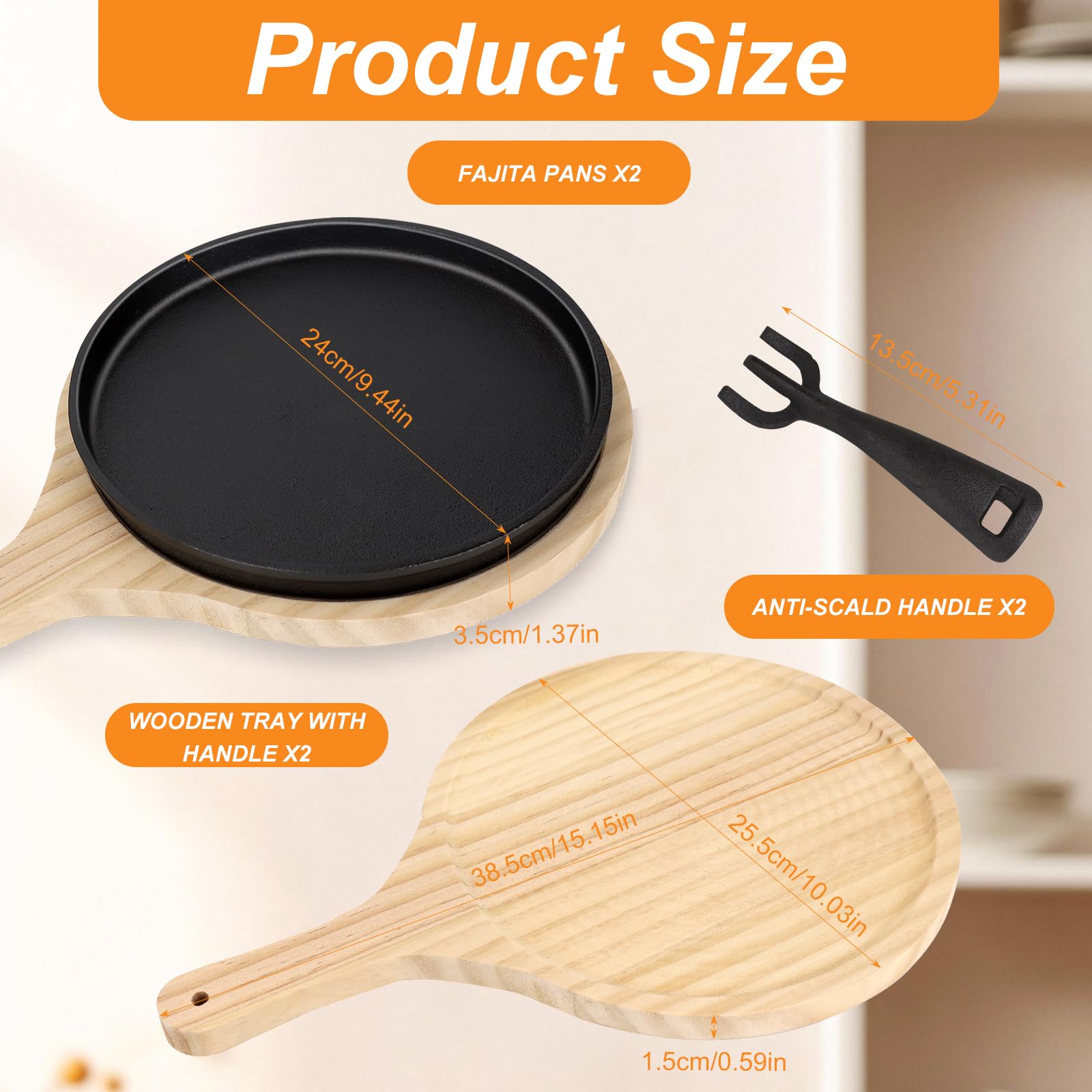 Lot de 2 poêles en fonte Fajita avec dessous de plat en bois - Protection anti-brûlure - Rondes - En fonte - Antiadhésives - Pour cuisine, restaurant, barbecue, intérieur et extérieur