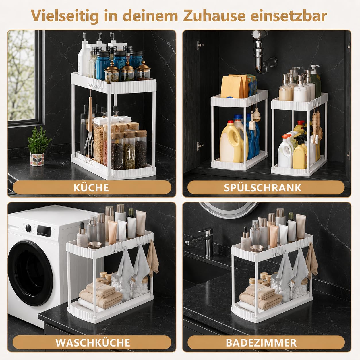 Küchenschrank Organizer Ausziehbar, 2er Set Spülschrank Organizer mit Ausziehbarem Unterkorb, Unter Waschbecken Regal, 2-Stufiger Küchen Organizer mit 5 Haken für Küche & Bad, Weiß