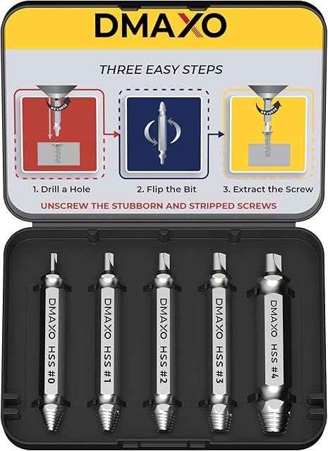 DMAXO 05 Pcs Damaged Screw Extractor Set - Broken Screw Removal Tool - Screw Remover Drill Bit Set for Damaged Screw Heads - Stripped Screw Extractor - High Speed Steel 4341 62-63 HRC
