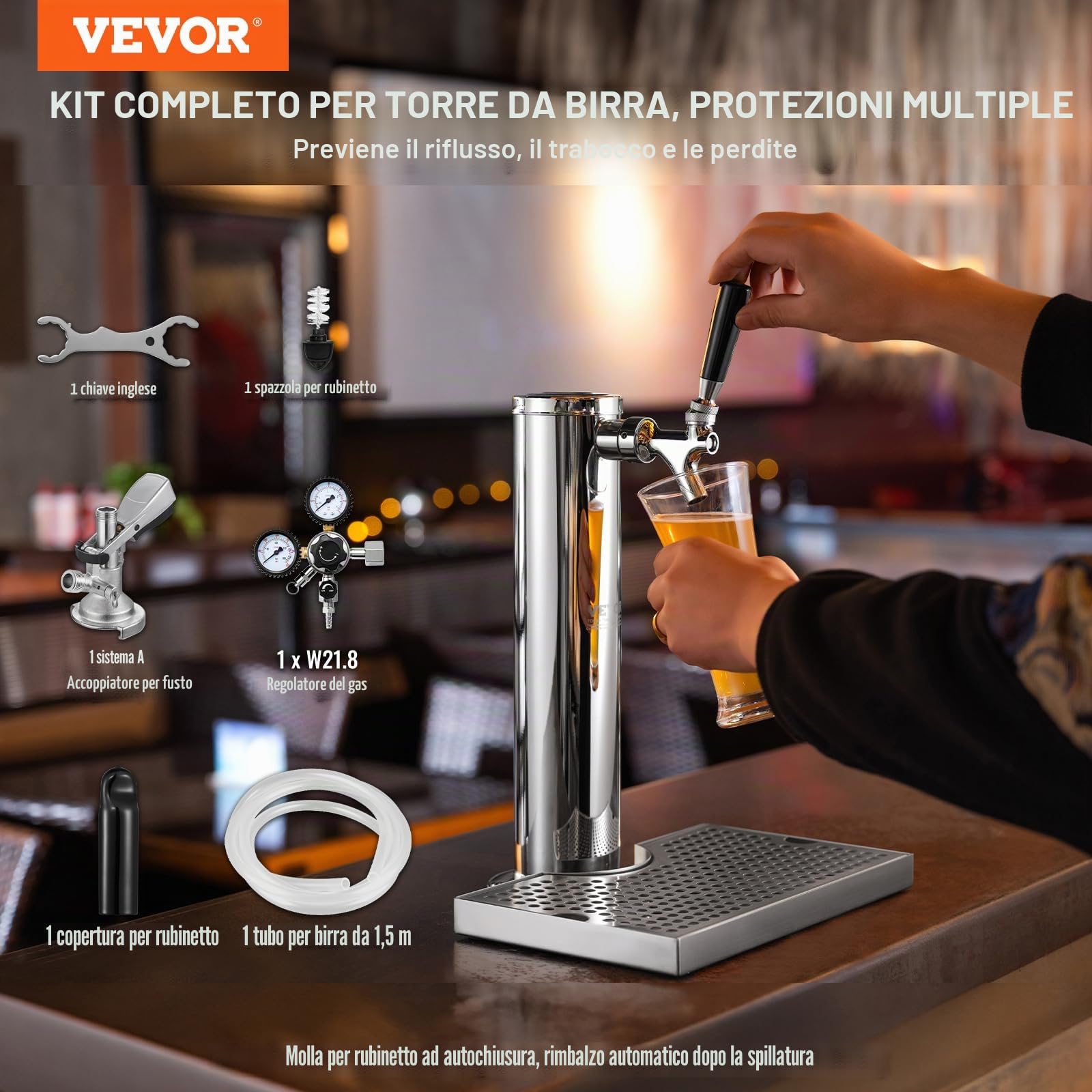 VEVOR Kit Distributore di Birra, Kit Conversione Birra Rubinetto Singolo, Dispensatore Torre Birra in Acciaio Inossidabile con Regolatore Doppio Calibro, Vassoio Gocciolamento Birra per Feste a Casa