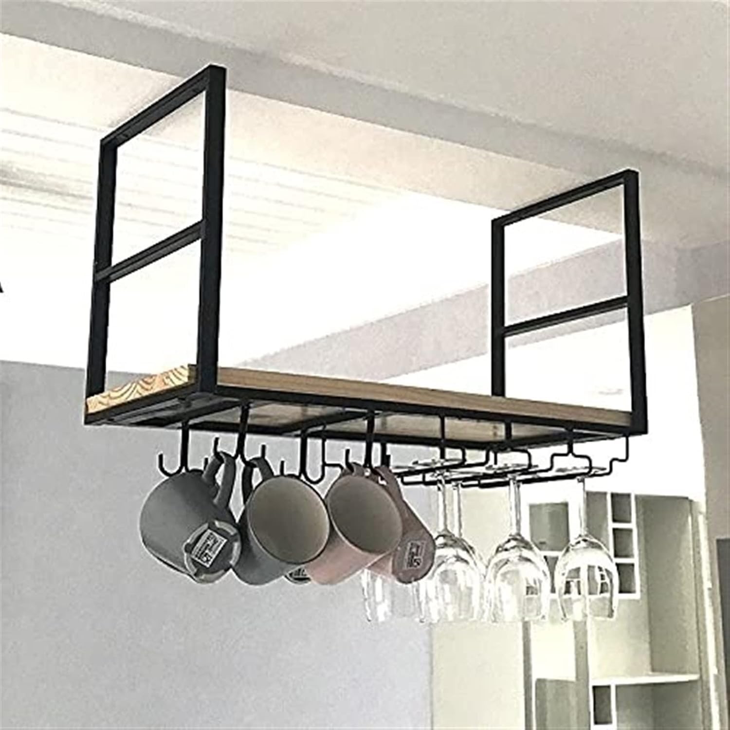 Wrought Iron Ceiling Hanging Wine Glass Holder with Solid Wood Floating Wine Rack Kitchen and Bar Decor