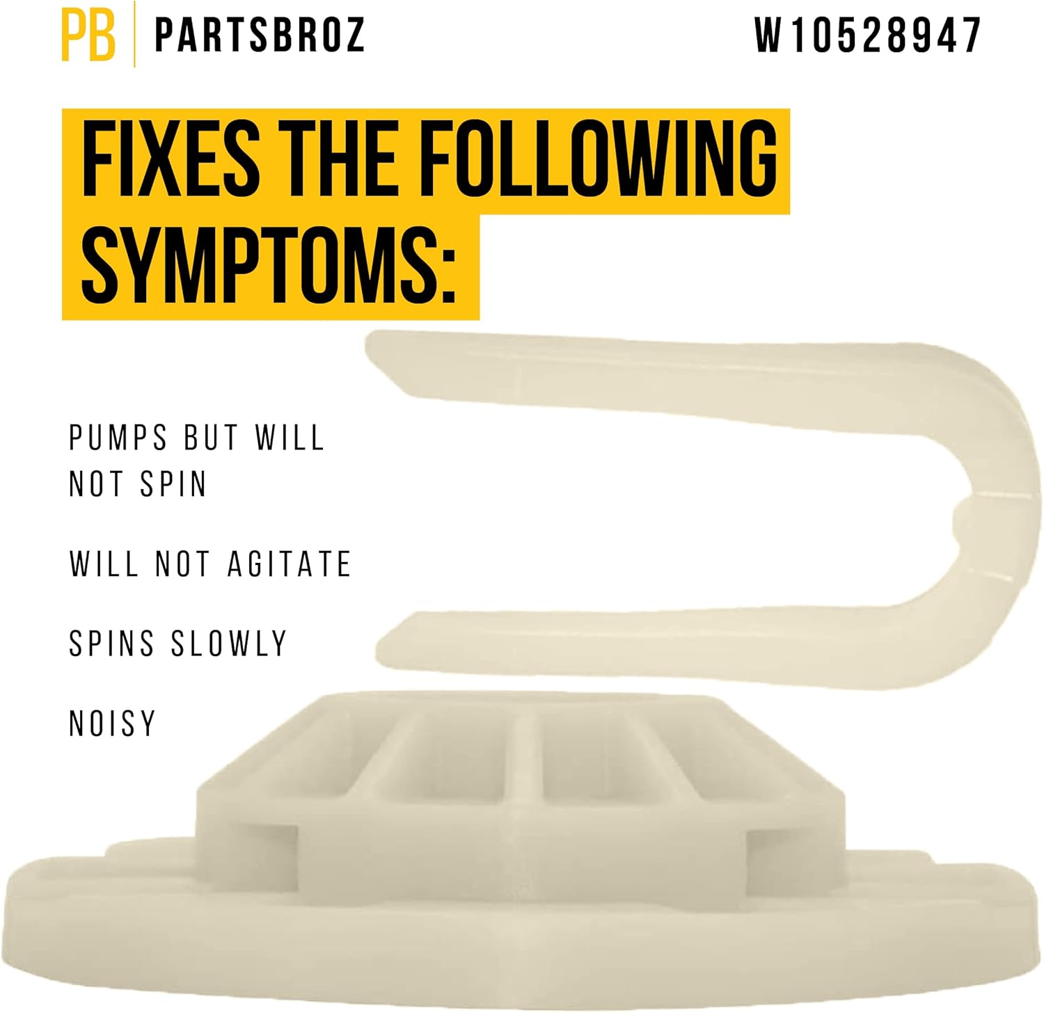 Graphic illustrating the W10528947 Drive Hub Kit and common washing machine symptoms it resolves: pumps but will not spin, will not agitate, spins slowly, noisy.