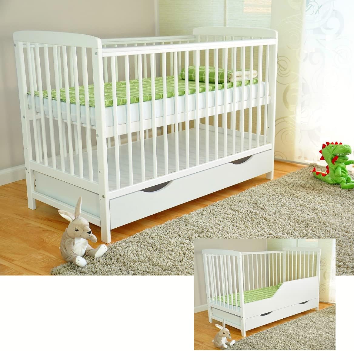 White Solid Wood Baby Cot Bed with drawer on runners, Teething Rails