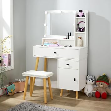 Home Source Forta White Dressing Table Set, 50.4 x 38.5cm Mirror with LED Lights, 3 Shelves, 2 Drawer with Metal Handles, PU Padded Stool, Modern Matt White Finish Chipboard Vanity Desk Station