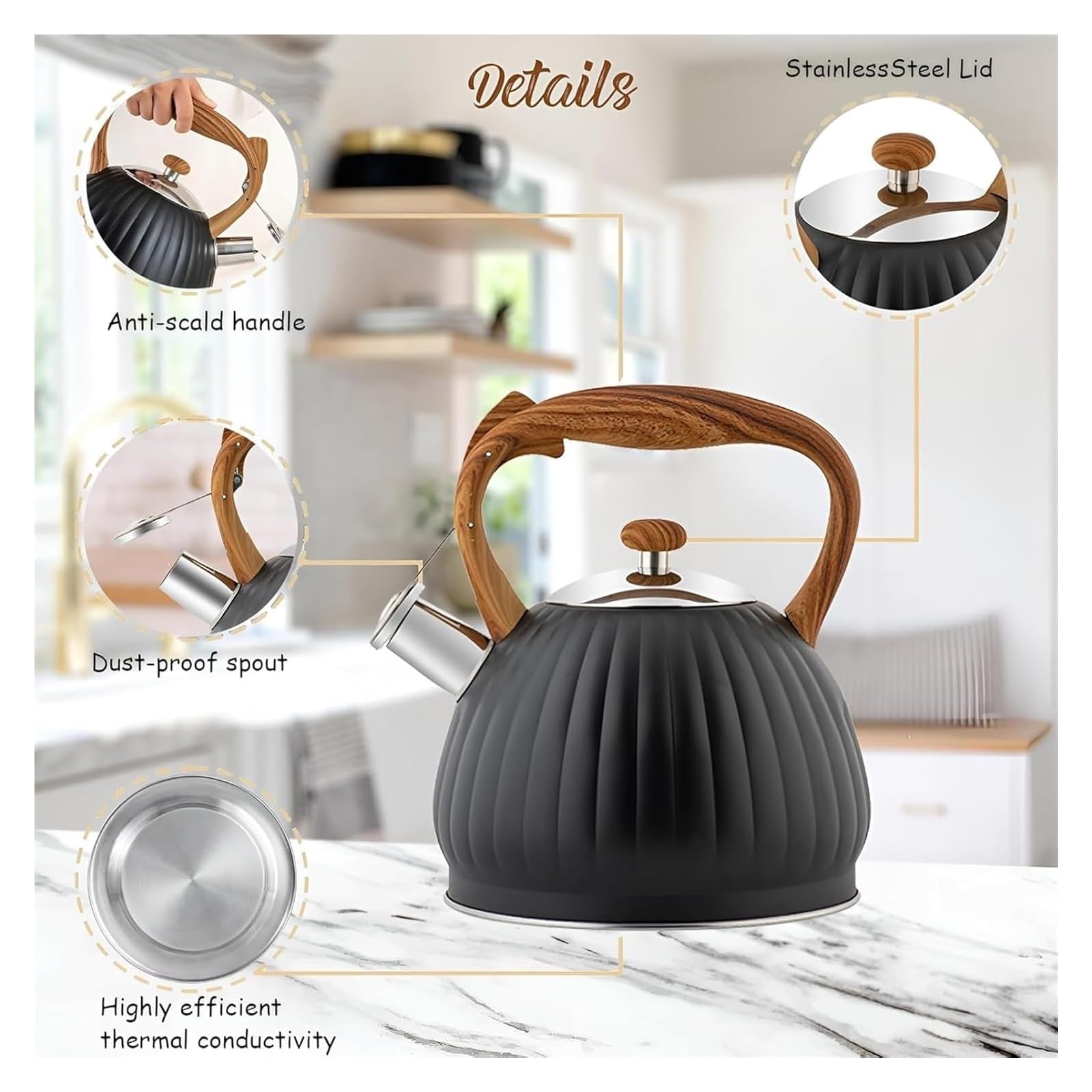 Czajnik z kuchenką 3,5 l, czajnik ze stali nierdzewnej, gwizdkiem, do herbaty, odporny na rdzę(Black)