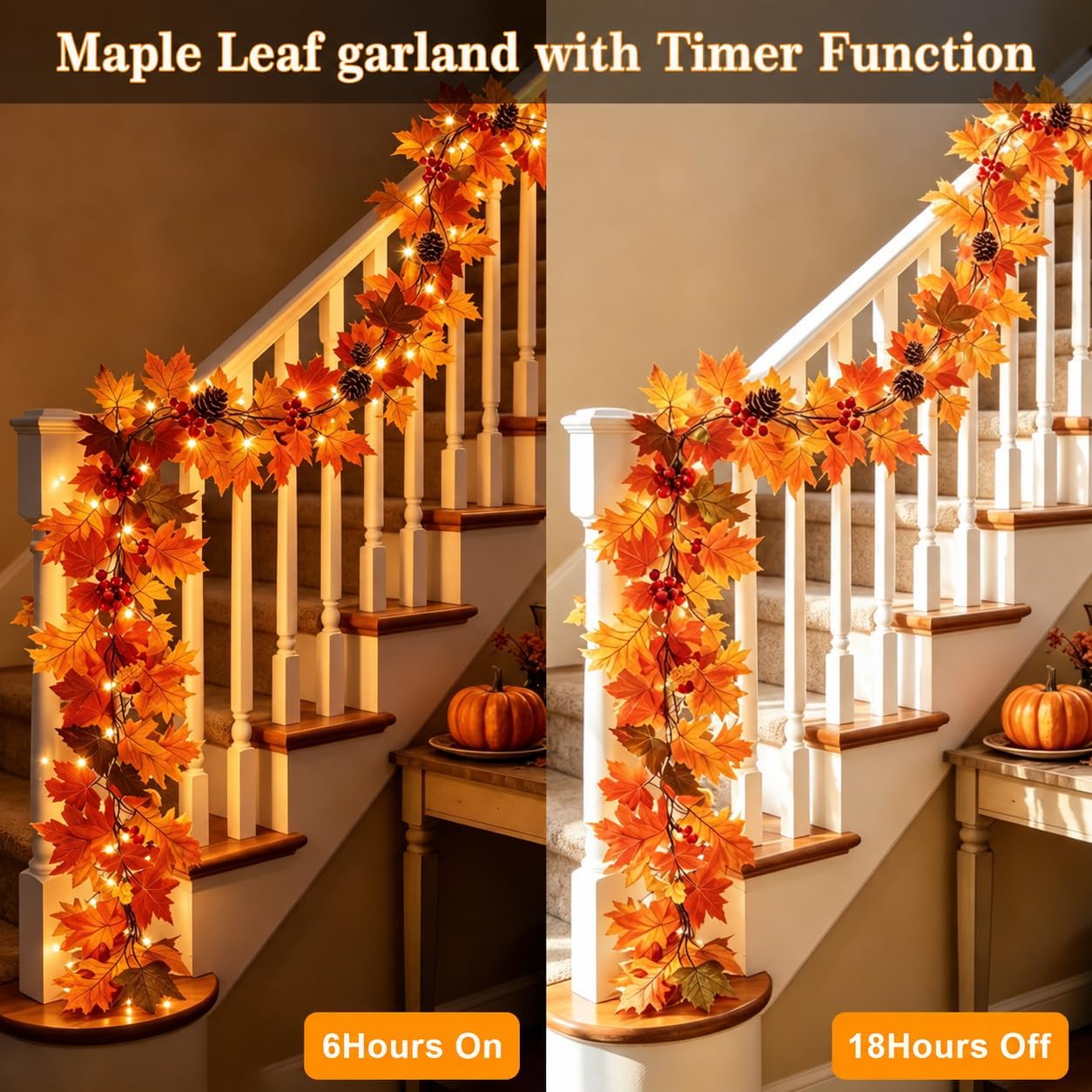 Fall Garland with Lights, 6FT 25LED Lighted Fall Garland Fall Decorations