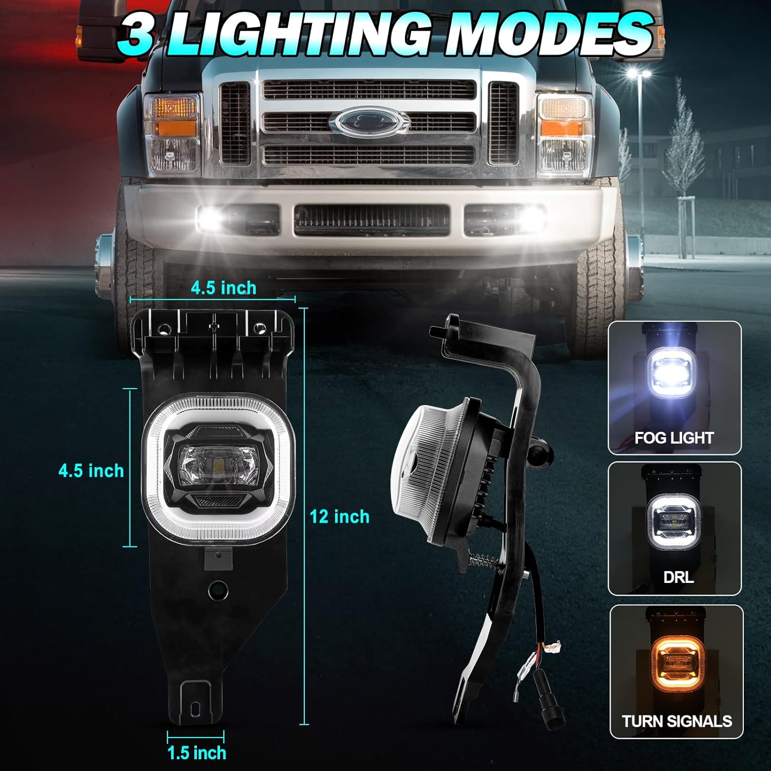 AMONLY LED Fog Light with Daytime Running Lights/Turn Signals for Ford F250 F350 F450 F550 Super Duty 2005-2007, Bumper Driving Fog Lamps Assembly Kit