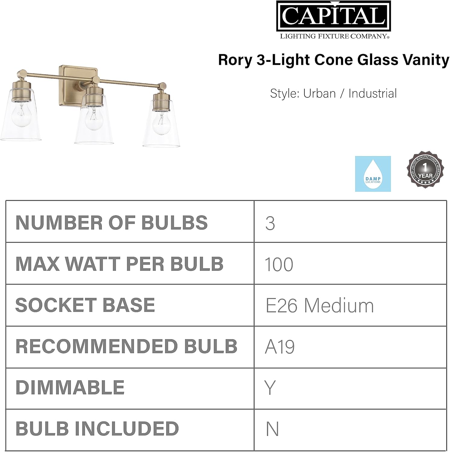 Capital Lighting 121831AD-432 Rory Clear Glass Bath Vanity Wall Mount, 3-Light 300 Total Watts, 10" H x 23" W, Aged Brass