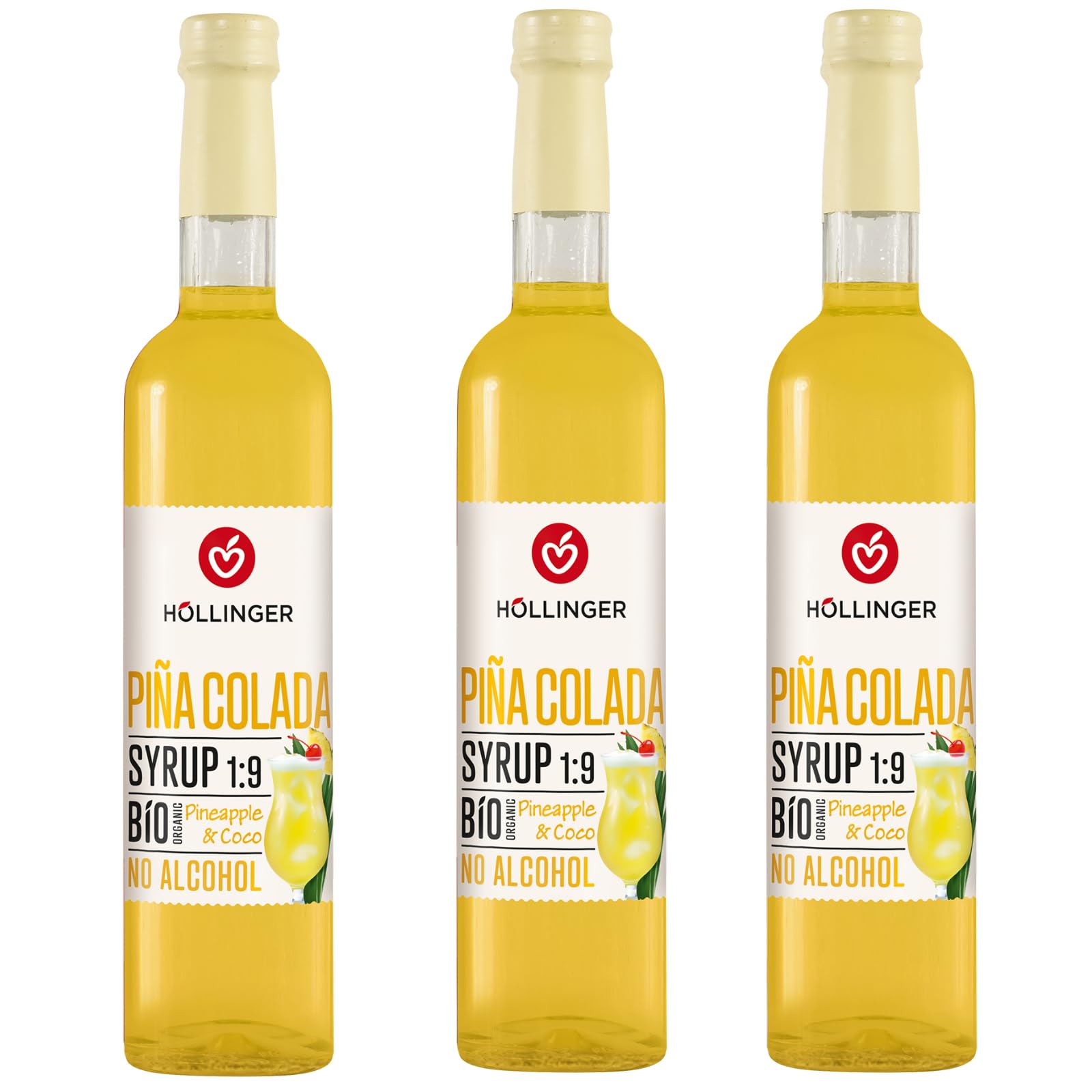 HÖLLINGER Piña Colada Sirup Bio, Alkoholfrei, Ananas & Kokos, 1:9 Konzentrat, Vegan, 3x500ml
