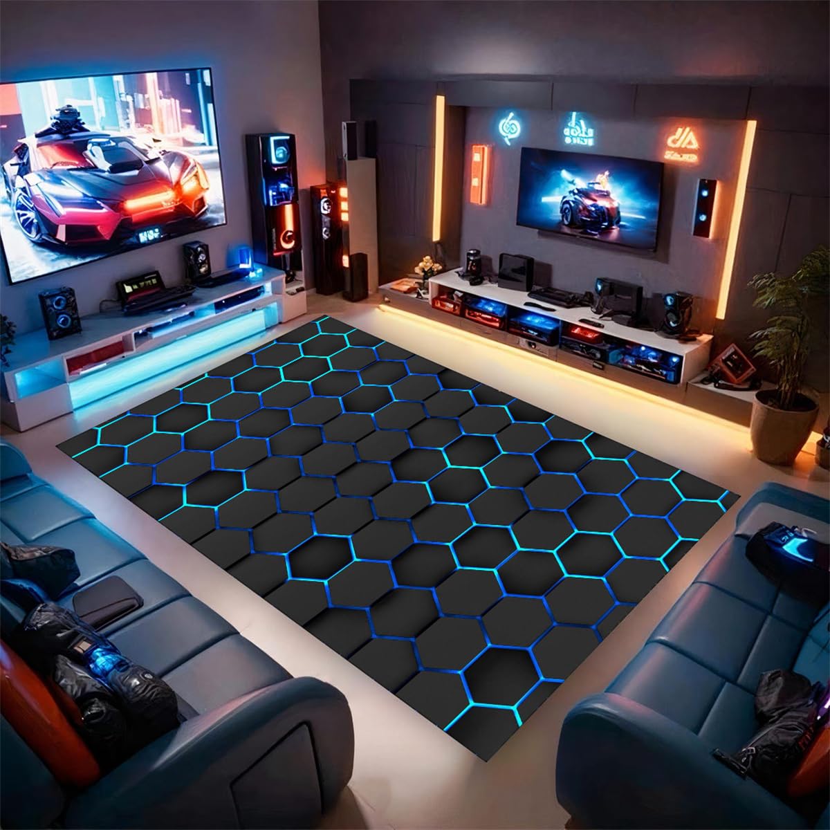 3D Gaming Zimmer Teppich für Jungen | Flanell Kindertappich mit Neon-Gaming Motiv Design | Anti-Rutsch Gamer-Zimmer Dekorative Fußmatten (Blue,140x200cm)