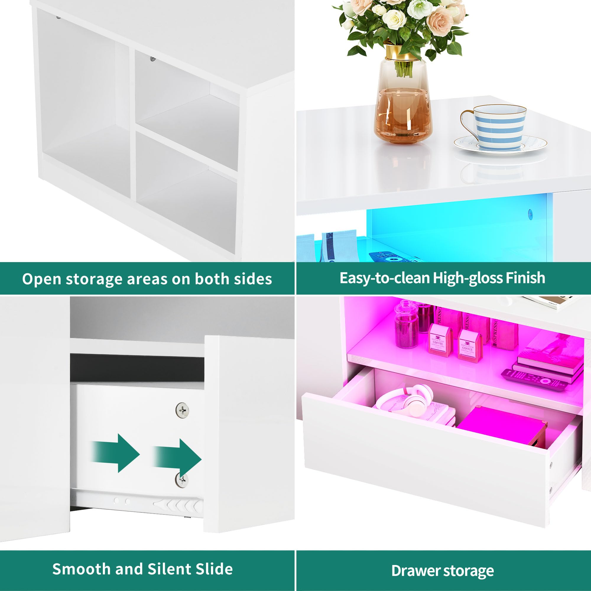 YITAHOME Couchtisch Weiß, Wohnzimmertisch Hochglanz mit 16-Farbiger LED Beleuchtung Modern, Beistelltisch Weiss mit Offenem Ausstellungsregal und 2 Ausziehbaren Schubladen, 95x 55x37cm