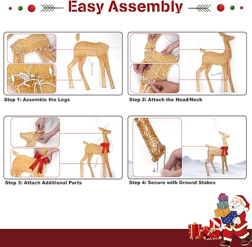 Miniatura 4 de Juego de decoración familiar de renos navideños iluminados en 2D, marco de metal de 3 piezas de 45 pulgadas, decoración al aire libre con estacas de