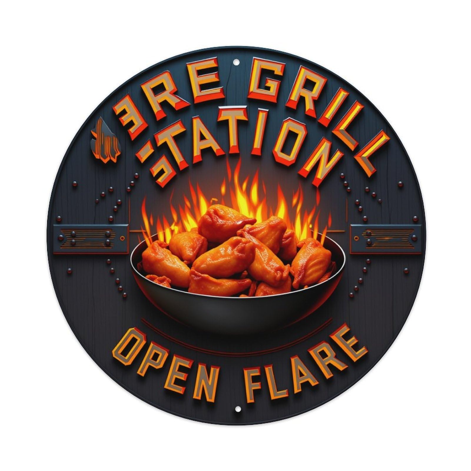 Wmlzdnwr Vintage Fire Grill Station Open Flare Chicken Wings Flames Round Tin Sign,Retro Wall Art,Metal Poster For Home, Bar, Garage, Cafe, Rustic Indoor & Outdoor Decor, 8X8 Inches