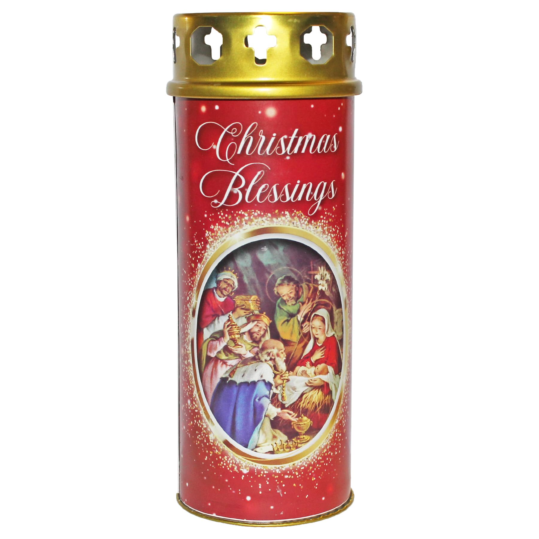 Cbc Distributors Red Nativity Pillar Candle And Windproof Cap And Prayer With 68 Hour Burn Time - Christmas Blessings
