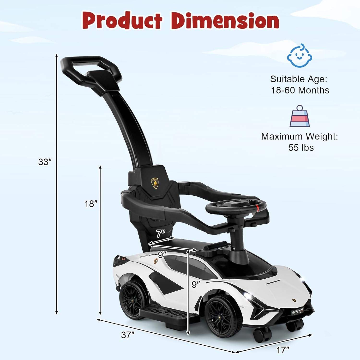 INFANS 3 in 1 Ride on Push Car, Licensed Lamborghini Baby Stroller Sliding Walking Car with Push Handle, Music, USB, Headlight, Under Seat Storage, Kids Foot-to-Floor Toy for 18-60 Months (White)
