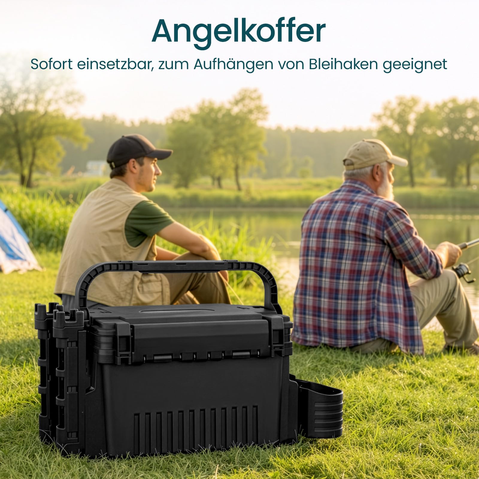 2-stöckig Groß Angelkoffer Tackle Box mit Rutenhalter & Becherhalter, klappbarem Tragegriff, 43×23×28cm Angelbox Angel Zubehör Organizer Angelzubehör Kunstköderbox, Angelboxen, Angelkasten (Black)