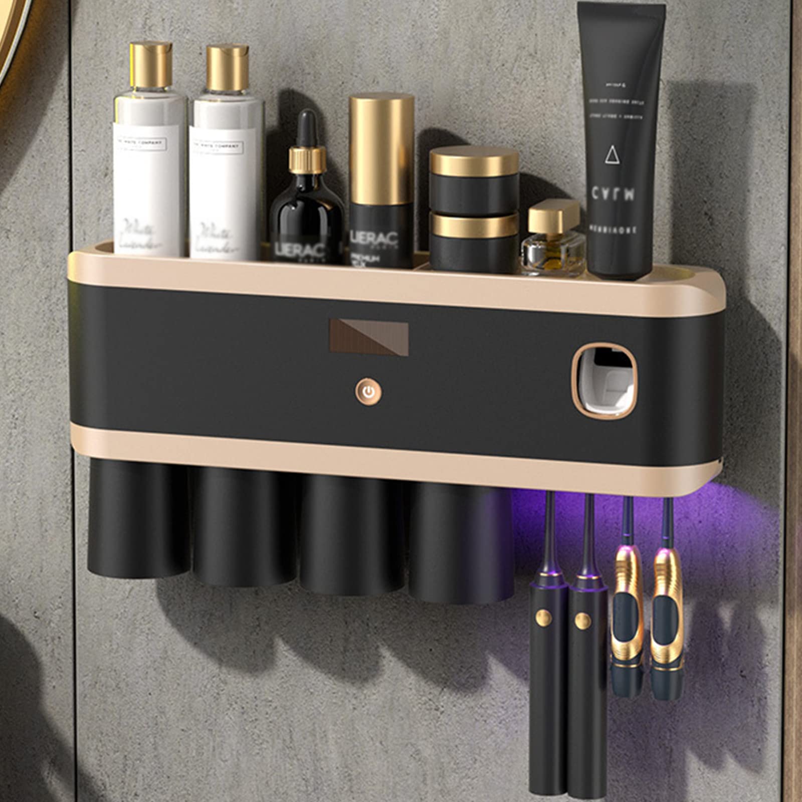 SupwellElectric Toothbrush Holder Wall Mounted, UV Sterilizer, Rechargeable, Automatic Toothpaste Dispenser, for Toothbrushes for Shower and Bathroom,Black,4cups