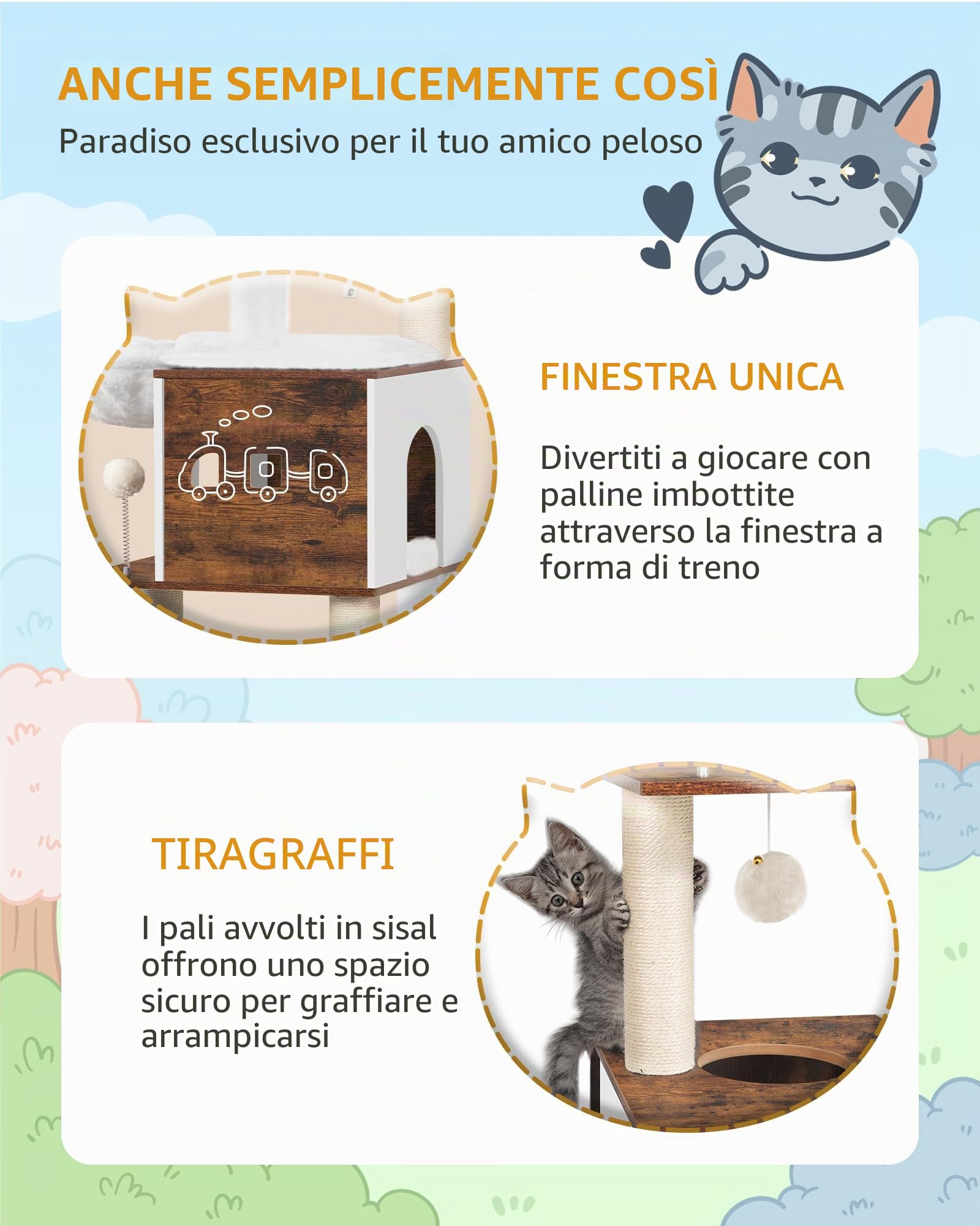 Hzuaneri 130 cm Tiragraffi, Torre per Gatti, 2 Cucce per Gatti con Letti Imbottiti, Grandi Piattaforme, Tiragraffi in Legno, Marrone Vintage MS13201WT
