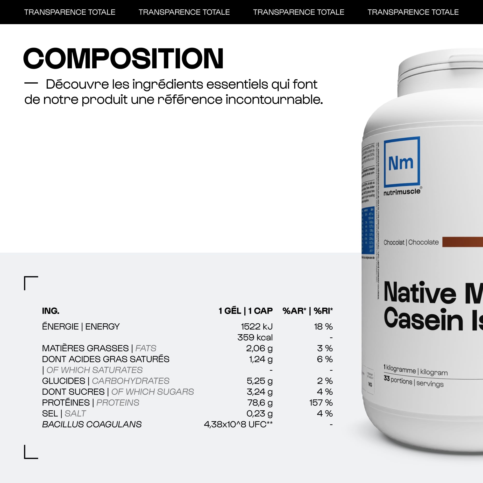 Isolat de Caséine Micellaire 92% - 1 kg Chocolat - Origine France - Lait français - Idéal en sèche - Assimilation lente - Musculation