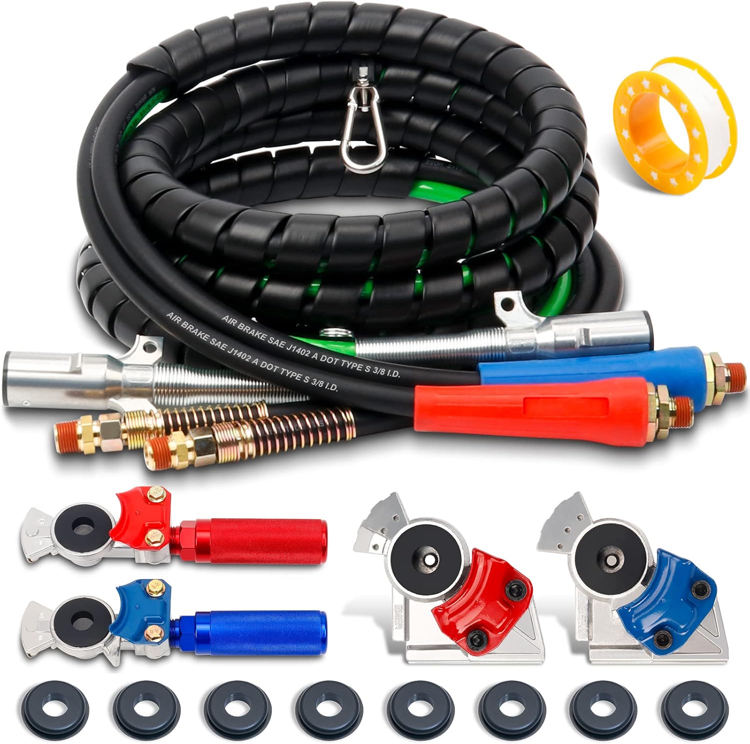 15ft 3 in 1 ABS & Power Air Line Hose with 37 Degree Emergency Service 2 sets Glad Hands & Glad Hand Grips for Tractor Trailer Semi Truck
