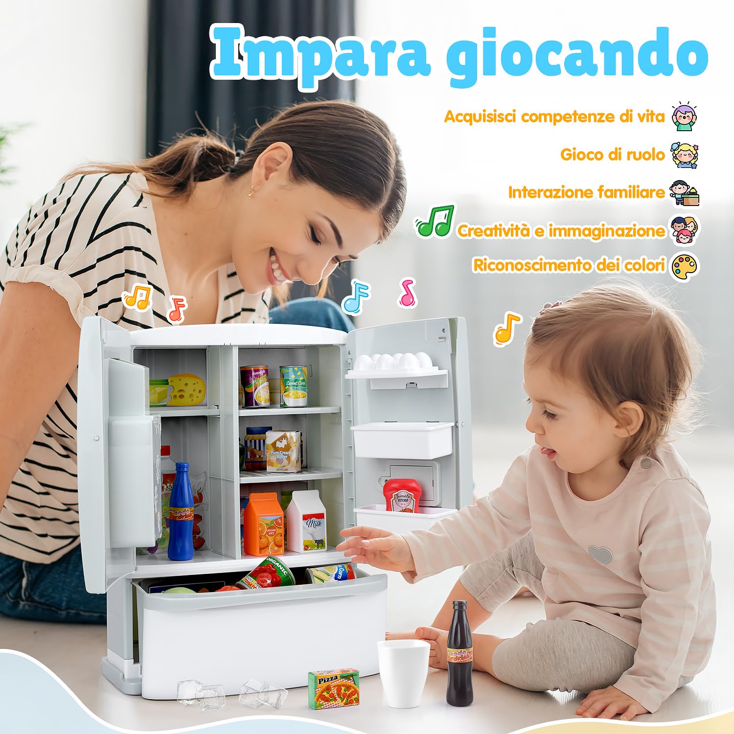 PLAY Frigorifero Giocattolo, Accessori Cucina con Frigo Giocattolo, Giocattoli Alimentari, Cubetti di Ghiaccio, Effetti Sonori Realistici, Set di Cucina Giocattolo per Bambini da 3+ Anni - Bianco