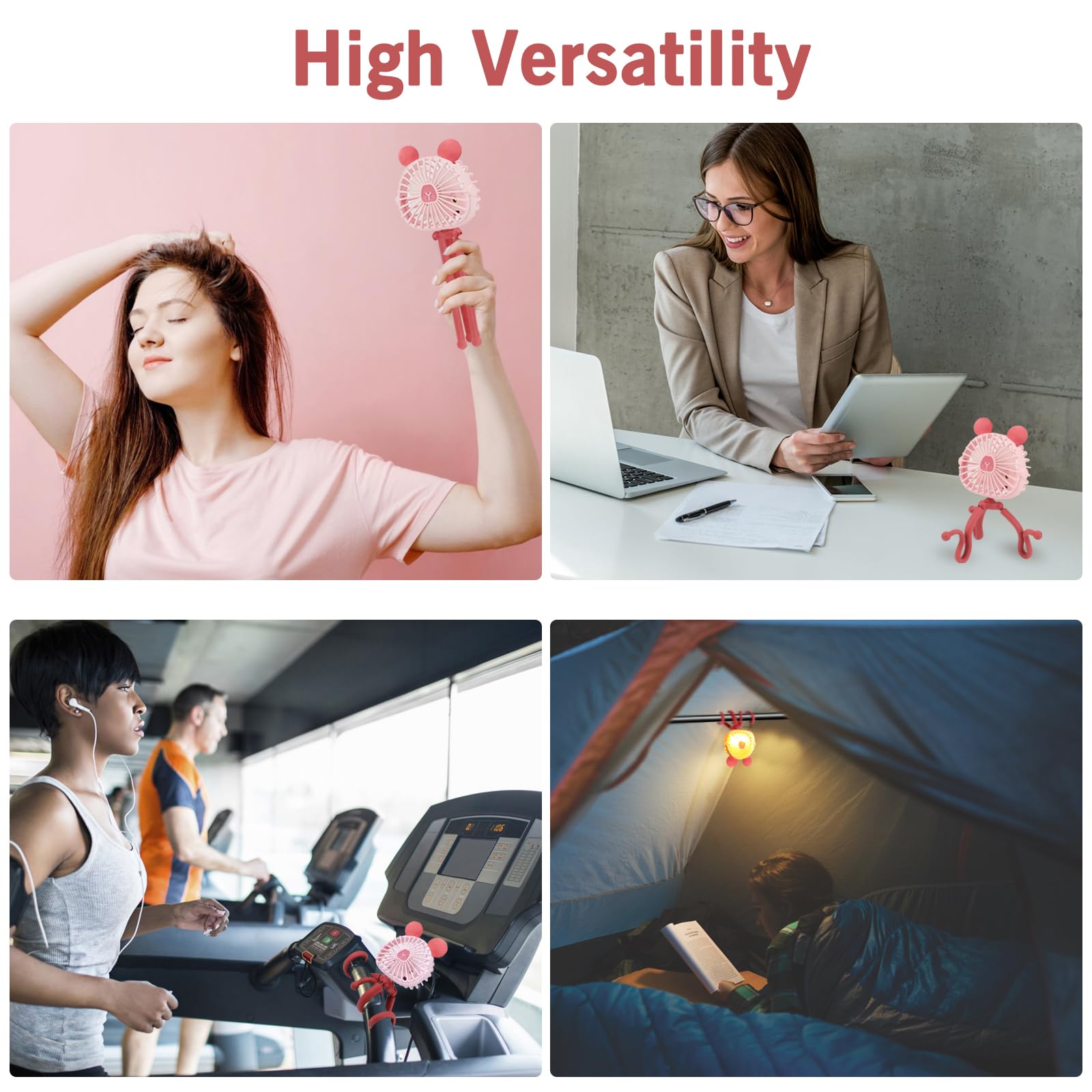 Ventilatore per Passeggino con Orecchie da Topo, Ventilatore USB con Treppiede Flessibile, Ventilatore da Scrivania Personale Ricaricabile con Luce LED per Tapis Roulant Passeggino Seggiolino Auto