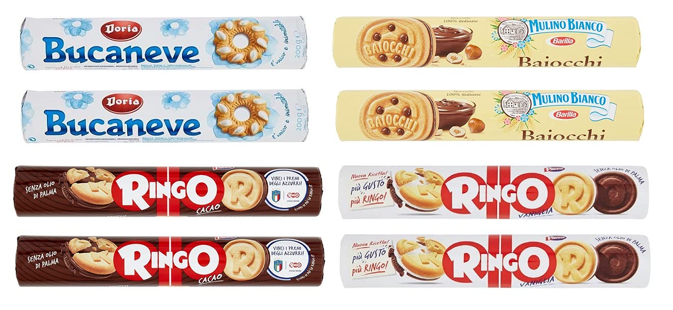 Testpaket Tube Kekse Pavesi Ringo Kakao ( 2 x 165g ) + Pavesi Ringo Vanille ( 2 x 165g ) + Baiocchi mit Haselnuss und Kakaocreme ( 2 x 168g ) + Doria Bucaneve ( 2 x 200g )