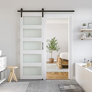 SmartStandard 30 x 84 in Glass Barn Door with 5FT Sliding Hardware Kit & Handle, Pre-Drilled Ready to Assemble, Waterproof PVC Coating, White, 5-Panel Glass