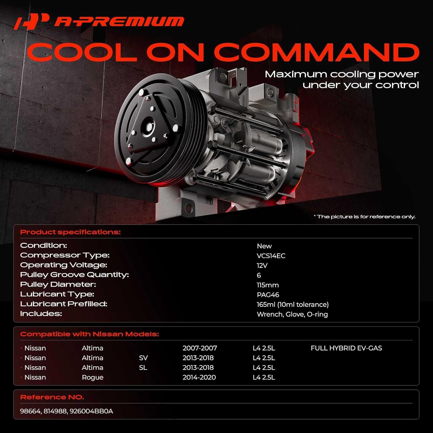 a-premium air conditioner ac compressor with clutch compatible with nissan altima 2.5l 2007 2013-2018, rogue 2.5l 2014-2020, vcs-14ec style (not dks17d), w/two plugs