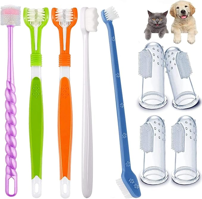 Dogs Toothbrush Set, 2 Triple Heads Dog Toothbrushes with 4 Pet Finger