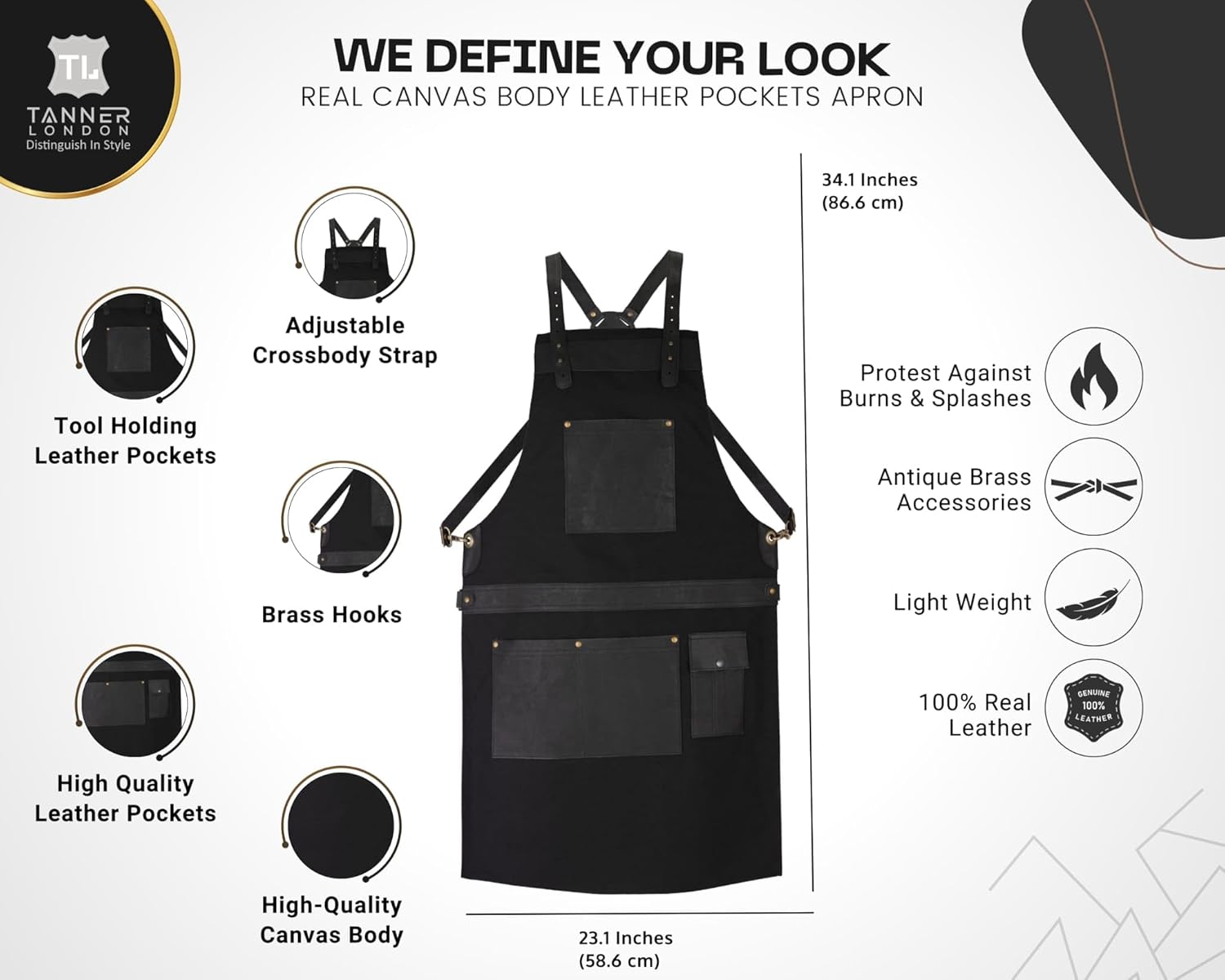 Professional Canvas Apron, 100% Real Leather Pockets, Adjustable Crossbody Strap, Antique Brass Hardware,