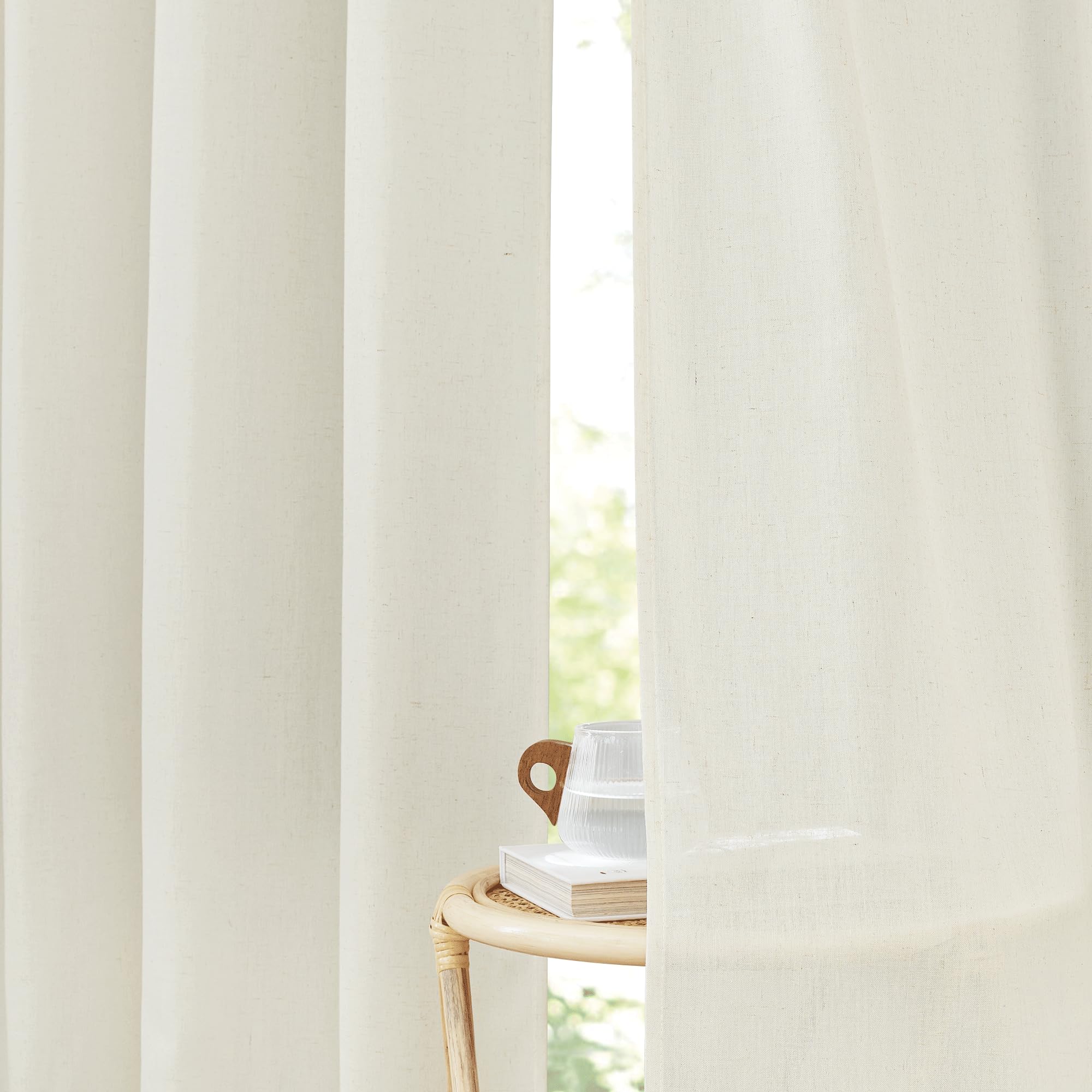 PONY DANCE Wohnzimmer Gardinen mit Ösen Leinenvorhang 2er Set H 200 x B 140 cm Creme, Vorhänge Leinenoptik Halbtransparent Boho Style Linen Curtains for Bedroom