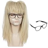Mens Womens Long Blonde Straight Wig with Black Glasses 70s 80s Streetwear Mullet Heavy Metal Punk Outfit Funny Wig Heat Resistant Synthetic Fiber Cosplay Halloween Costume Party Wig