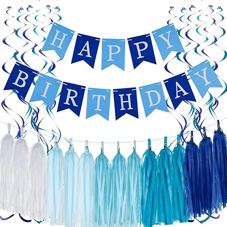 Happy Birthday Banner Near Me Amazon.com: Felt Blue Happy Birthday Banner Sign And Tissue Paper Tassels  Garland And 12Pcs Hanging Swirl Streamers- Birthday Party Decorations,Event  Decorations For Kids And Adults- Reusable,Ecofriendly Fun : Toys & Games