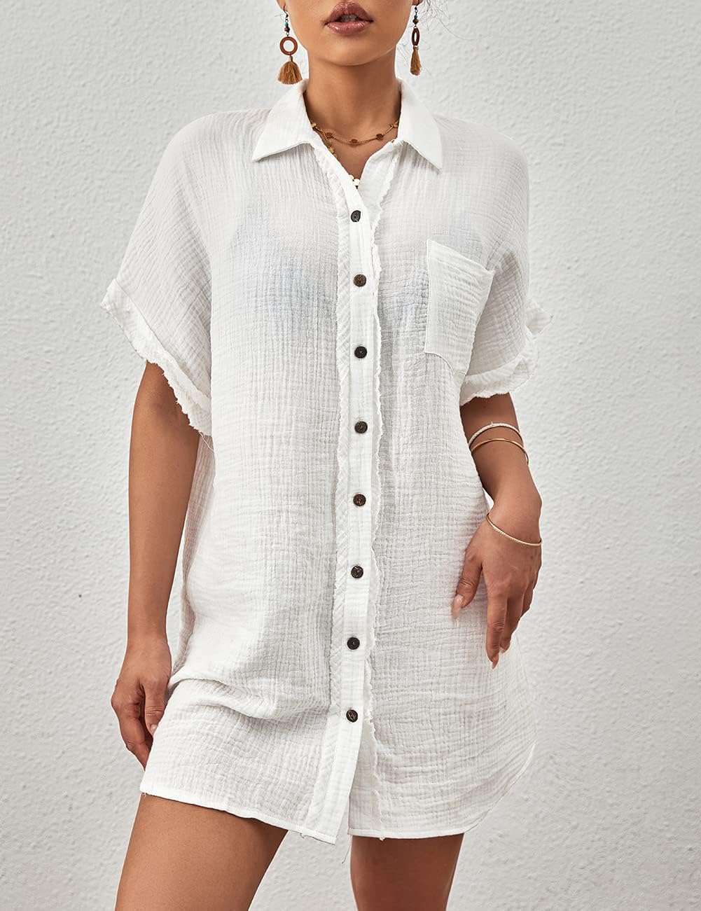 Bsubseach Women Swimsuit Coverup Button Down Bathing Suit Cover Ups for Swimwear Short Sleeve Bikini Beach Shirt - Image 4