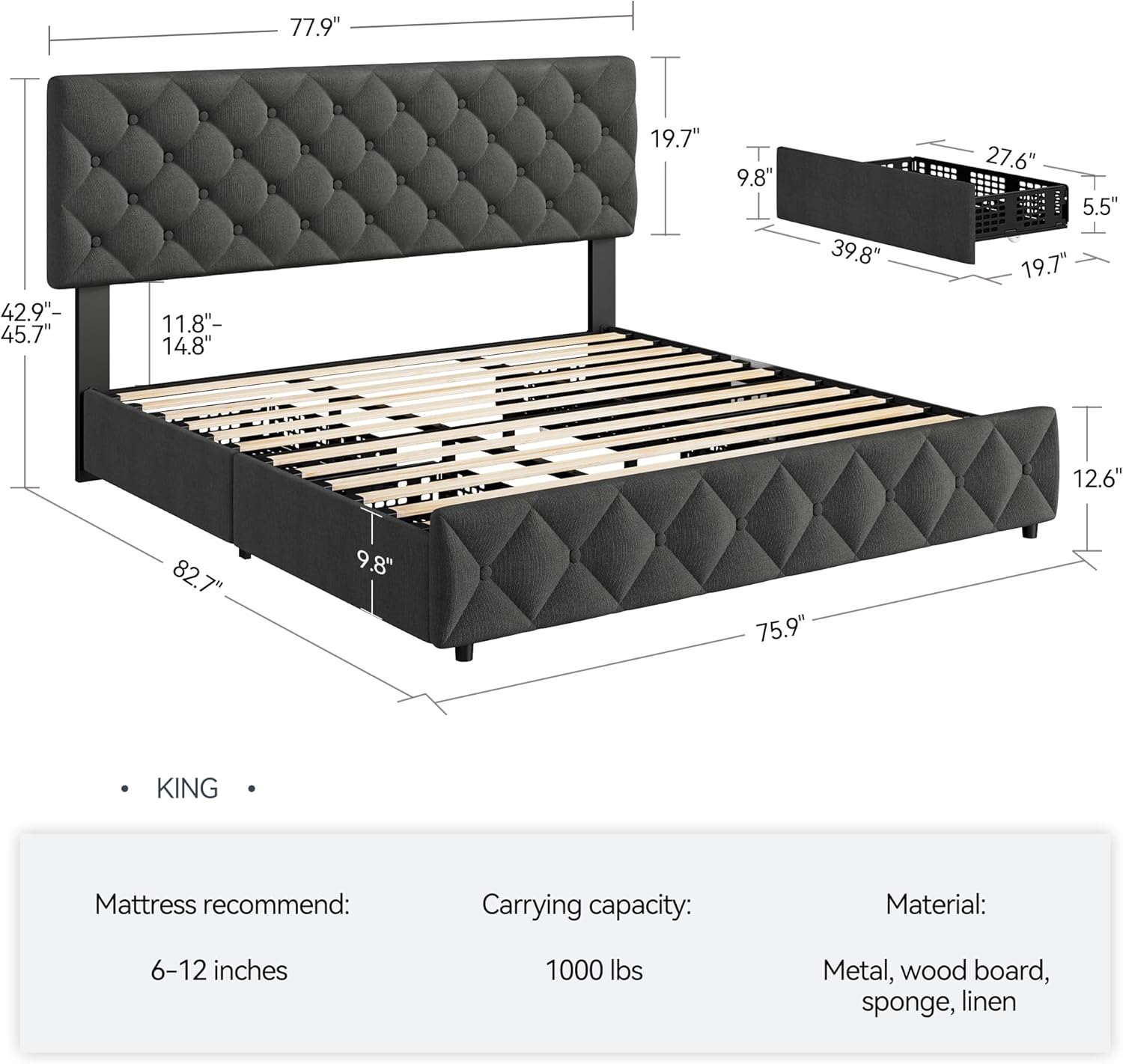 Full Size Bed Frame with 4 Storage Drawers, with Upholstered Platform Bed Frame - Picture 18 of 19