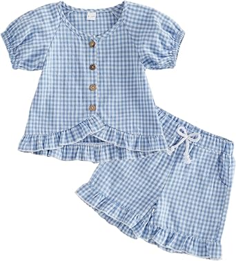 Toddler Kids Baby Girl Plaid Outfit Summer Short Sleeve Ruffle Button Tops Shorts Two Piece Gingham Clothes Set