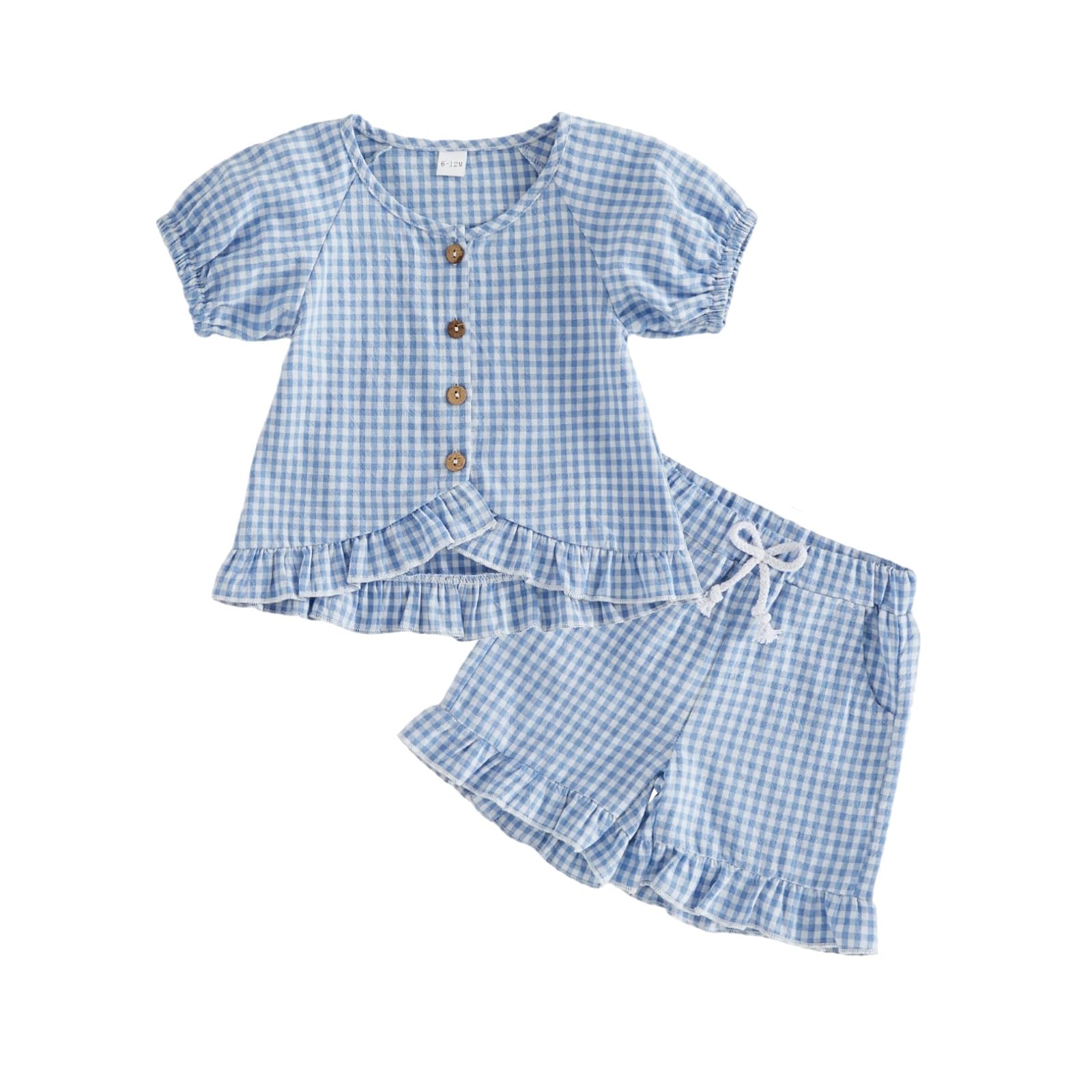 Toddler Baby Girl Summer Clothes Infant Girl Plaid Outfit Strawberry Ruffle Gingham Shirts Dress Tank Top Shorts Set — view 37