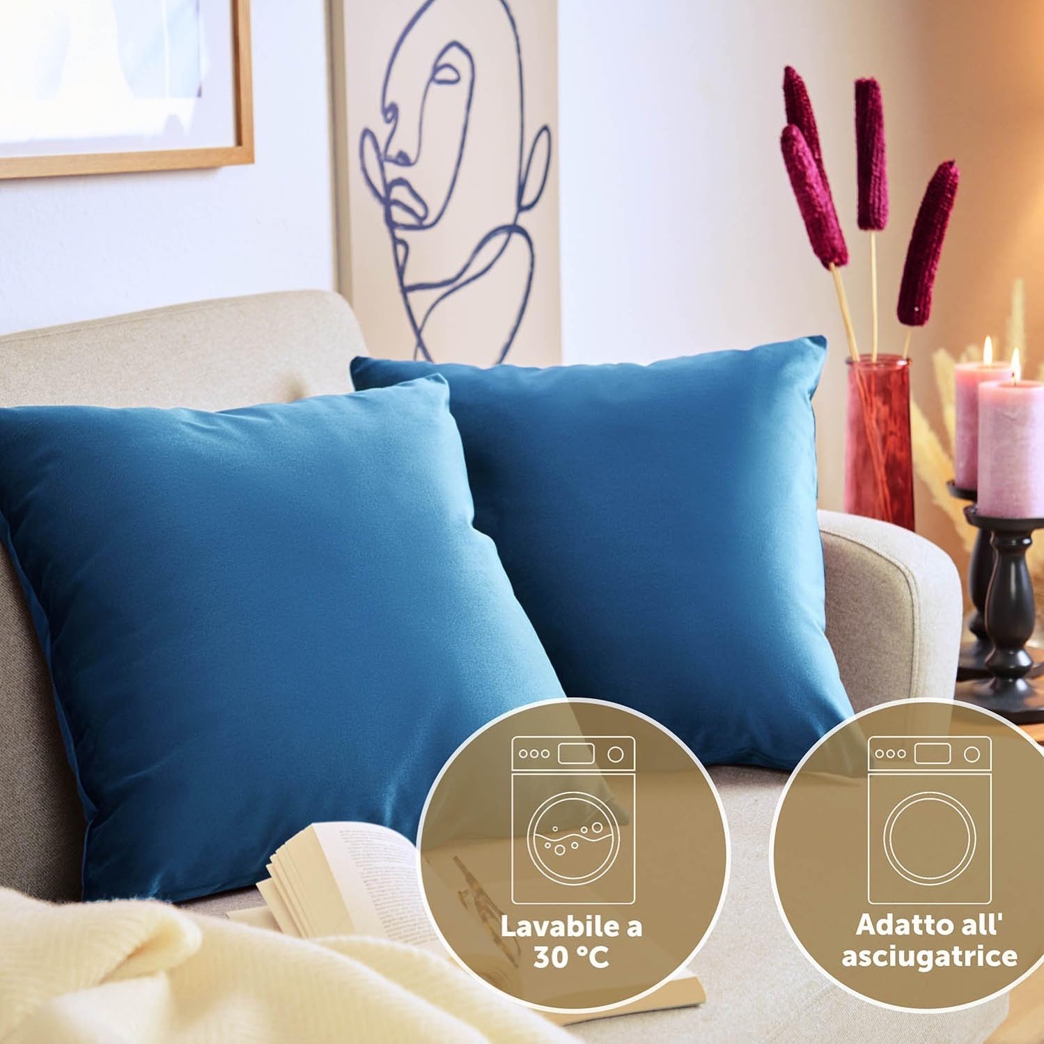Blumtal Set di 2 Federe Cuscini Divano 60x60 cm in Velluto, con Chiusura Lampo Invisibile, Eleganti Copricuscini Divano in Morbido Velluto,Taglia 60 x 60, Blu Scuro