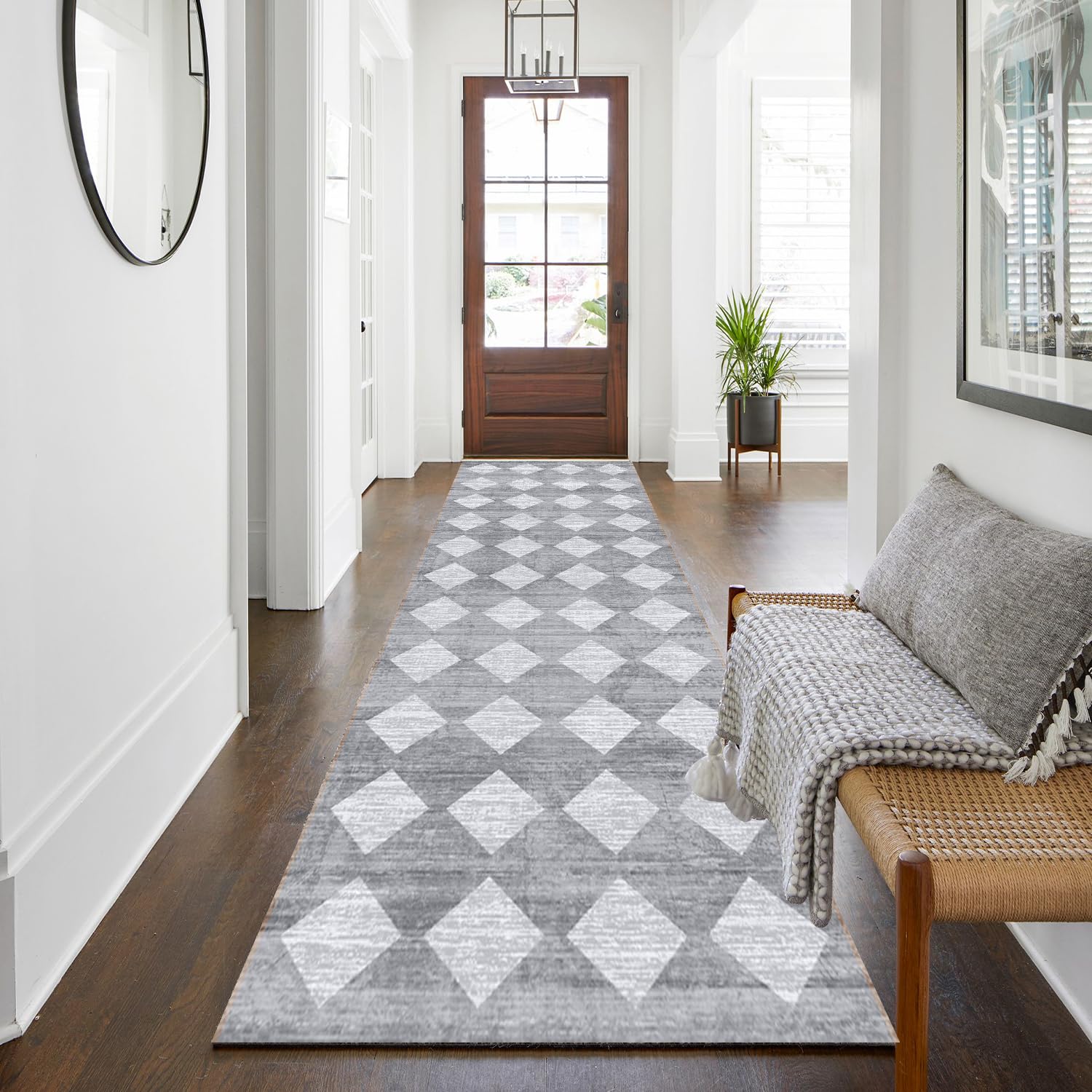 WTHYGB Teppich Läufer 80 x 250 cm, rutschfest Waschbar Teppichläufer, Küchenläufer Geometrie Design für Eingang, Küche, Wohnzimmer & Büro, Grauweiß